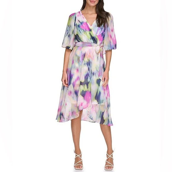 DKNY by Donna Karan Printed‎ Chiffon Watercolor V-Neck 3/4 Sleeve Wrap
Dress 6 - Picture 1 of 7